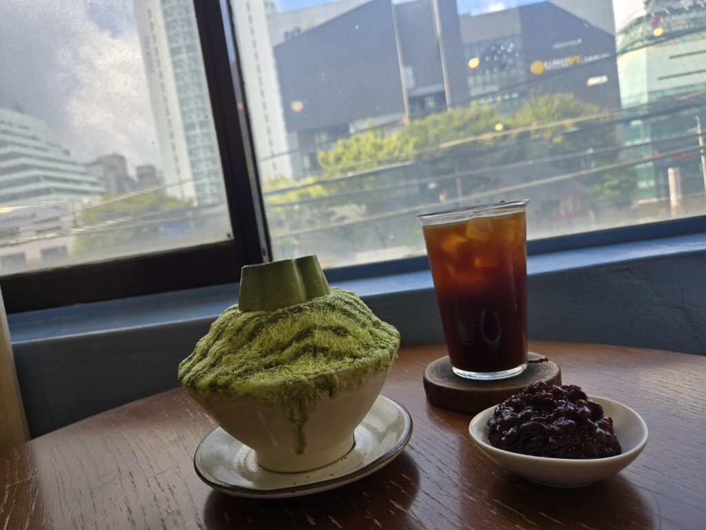 Matcha green tea pudding bingsu with bittersweet matcha pudding, a seasonal dessert at Ruver Coffee.