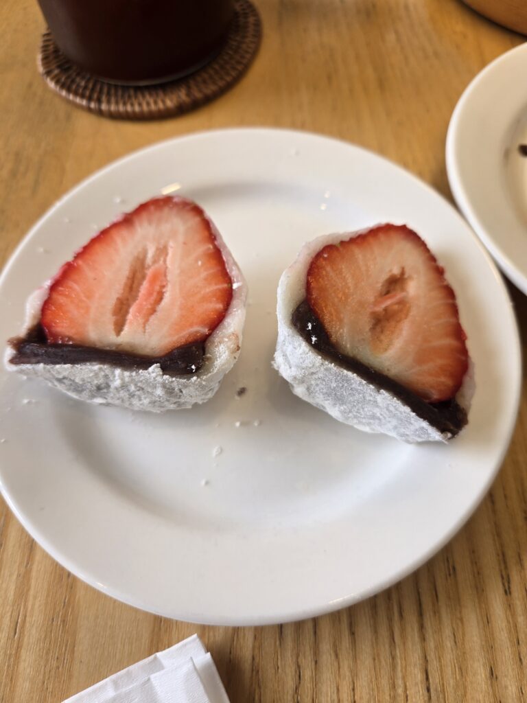 Fresh strawberry and whole tangerine mochi (fruit rice cakes) from Ruver Coffee, Busan.