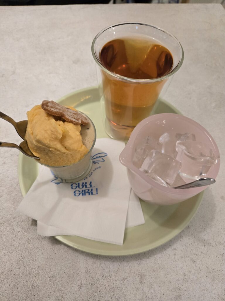 Handmade Pistachio ice cream and Seolhyang Strawberry sorbet at Cafe Gulgul near Dongnae Station.