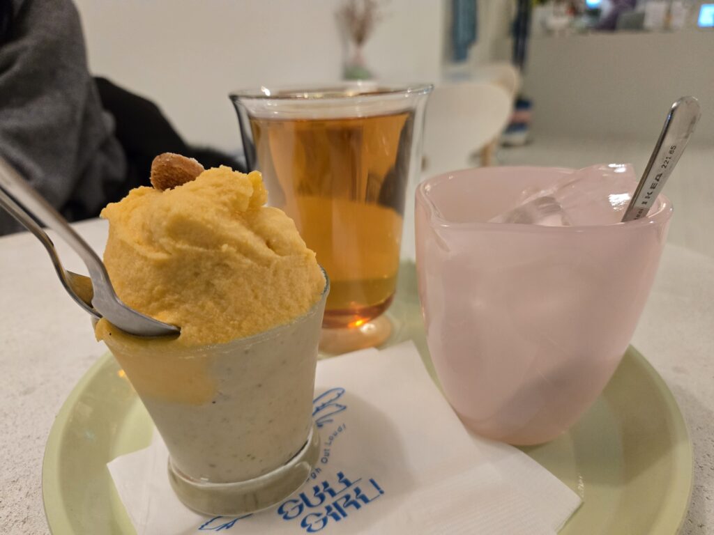 Handmade Pistachio ice cream and Seolhyang Strawberry sorbet at Cafe Gulgul near Dongnae Station.